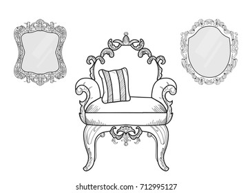 Armchair and mirrors with luxurious ornaments. Vector French Luxury rich intricate structure. Victorian Royal Style decors