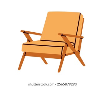 Armchair in modern retro mid-century style. Stylish comfy seat with upholstery and wooden legs, armrests. Trendy comfortable furniture design. Flat vector illustration isolated on white background