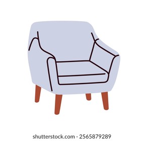 Armchair in modern retro style. Comfortable soft upholstered furniture for sitting. Cozy seat with wooden legs, mid-century design. Flat graphic vector illustration isolated on white background