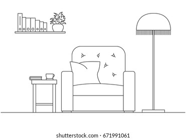 Armchair, next to a floor lamp. Shelf with books, frames on the wall. Linear sketch of the interior in a modern style.