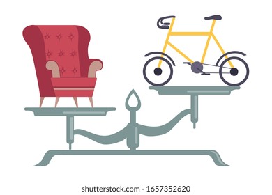 Armchair is on One Side of Scale, Bicycle on the Other, Scales with Bad and Good Habits, Choosing Between Healthy and Unhealthy Lifestyle Flat Vector Illustration