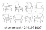 Armchair outline icon set. Linear chairs collection. Trendy Line art illustration of soft furniture. Scandinavian armchairs sketches. Vector illustration isolated on white background.