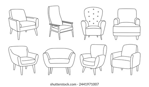 Sessel-Umriss-Icon-Set. Kollektion Linearer Stühle. Trendy Line Art Illustration von weichen Möbeln. Skizzen skandinavischer Sessel. Vektor-Illustration isoliert auf weißem Hintergrund.