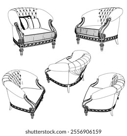 Armchair outline vector collection. Elegant line art designs for contemporary living spaces. Ideal for interior design projects.
