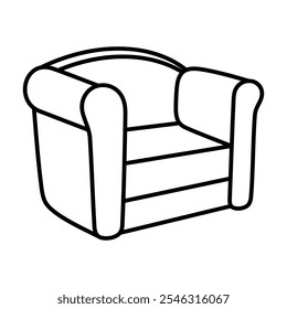 Armchair Outline Vector Illustration. A black and white vector illustration of an armchair. The image depicts a comfortable, cushioned chair with rounded armrests and a curved backrest.