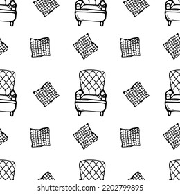 armchair and pillow. Seamless pattern from the furniture. doodle illustration. textile