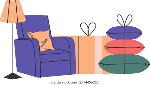 Armchair With Pillows And Box Interior Vector Illustration