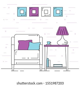 Armchair with pillows, a table with a table lamp. Vector illustration in a linear style.