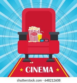 Armchair, popcorn and 3d glasses. Template film poster for movie theater. Cinema concept. Flat vector cartoon illustration. Objects isolated on a white background.