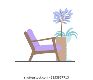 Armchair and potted trees side view.