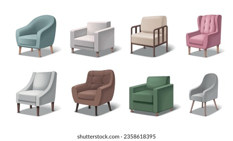 Armchair realistic icons set with office and living room interior items isolated vector illustration