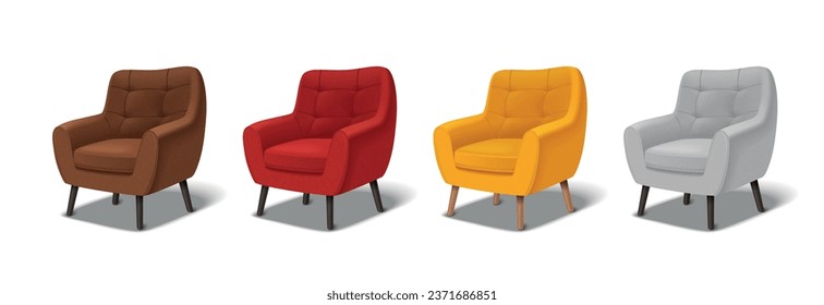 Armchair realistic icons set with soft textile arm chairs in different colors isolated vector illustration