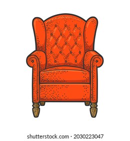 armchair red color sketch engraving vector illustration. T-shirt apparel print design. Scratch board imitation. Black and white hand drawn image.