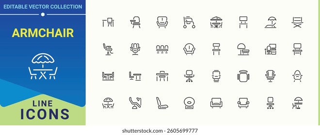 Armchair related icon set. It contains symbols to furniture, room, couch, arm, seat, arm, sofa and more. Chair line icon set. Minimal thin line web icons set. Editable stroke collections.