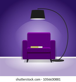 Armchair in the room under the lamp. Vector illustration.