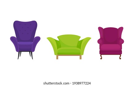 Armchair as Seat and Piece of Furniture with Armrests Vector Set