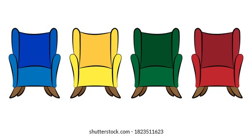 Conjunto de sillones de 4 colores. Mobiliario cómodo para el salón o el dormitorio. Asiento suave. Ilustración vectorial plana colorida aislada en fondo blanco.