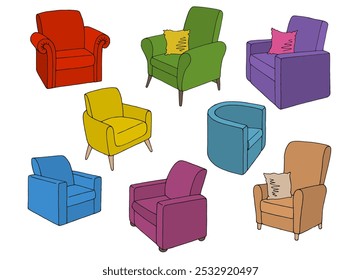 Conjunto de sillón color gráfico Vector de ilustración de boceto aislado 