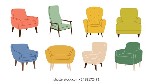 Armchair set. Modern colorful upholstered chairs. Cushioned modern seat furniture. Trendy scandinavian armchairs. Cartoon flat vector illustration isolated on a white background.