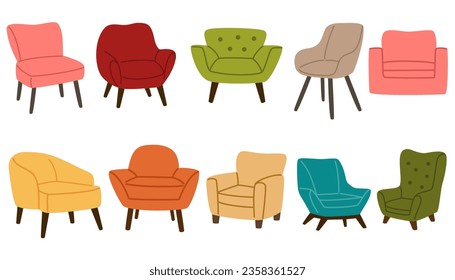 Armchair set. Trendy comfortable chairs. Furniture for home and living room. Soft furniture, luxury sofa. Hand drawn vector doodle elements