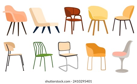 Сhair and armchair set. Trendy comfortable chairs. Furniture for home and living room. Soft furniture, luxury sofa. Hand drawn vector doodle elements