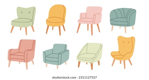 Armchair set, trendy scandinavian chairs isolated on white background. Comfortable armchair and stylish stool bundle.