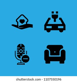 armchair, shelter, electric car and microphone icons vector in sample icon set for web and graphic design
