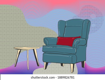Sillón y mesa lateral, Bellas Artes Digitales para Decoración y Sitio Web, Vector de Ilustración