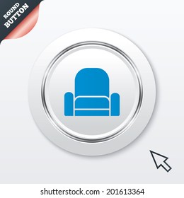 Armchair sign icon. Modern furniture symbol. White button with metallic line. Modern UI website button with mouse cursor pointer. Vector