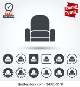 Armchair sign icon. Modern furniture symbol. Circle, star, speech bubble and square buttons. Award medal with check mark. Thank you ribbon. Vector