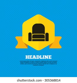 Armchair sign icon. Modern furniture symbol. Yellow label tag. Circles seamless pattern on back. Vector