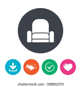 Armchair sign icon. Modern furniture symbol. Download arrow, handshake, tick and heart. Flat circle buttons.