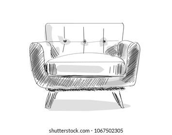 Armchair Sketch. Hand Drawn Chair. Vector Furniture Illustration. Mid Century Modern Interior Design. 