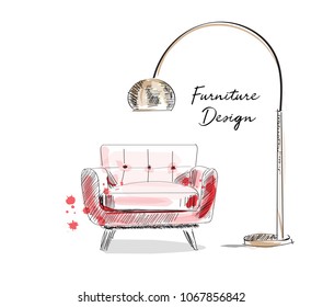 armchair sketch. hand drawn chair. vector furniture illustration. mid century modern interior design. 