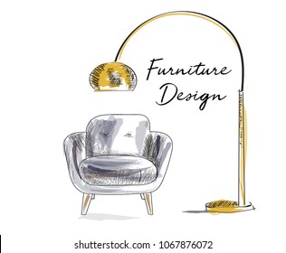 armchair sketch. hand drawn chair. vector furniture illustration. mid century modern interior design. 