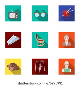 Armchair, slippers, tonometer and other attributes of old age.Old age set collection icons in flat style vector symbol stock illustration web.