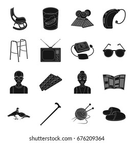 Armchair, slippers, tonometer and other attributes of old age.Old age set collection icons in black style vector symbol stock illustration web.