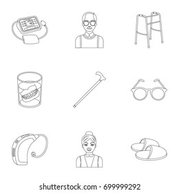 Armchair, slippers, tonometer and other attributes of old age.Old age set collection icons in outline style vector symbol stock illustration web.