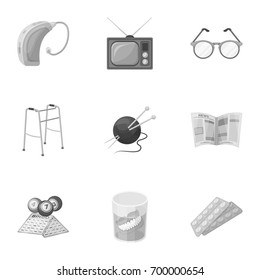 Armchair, slippers, tonometer and other attributes of old age.Old age set collection icons in monochrome style vector symbol stock illustration web.