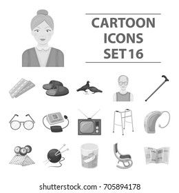 Armchair, slippers, tonometer and other attributes of old age.Old age set collection icons in monochrome style vector symbol illustration web.