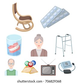 Armchair, slippers, tonometer and other attributes of old age.Old age set collection icons in cartoon style vector symbol stock illustration web.