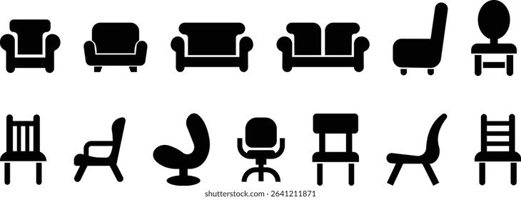 Armchair and sofa black icon isolated on transparent background Vector for apps or web sofa icon flat set. sign, symbol of Home Interior furniture