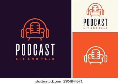 Armchair Sofa with Classic Mic Microphone and Earphone Headset Headphone for Entertainment Podcast Boradcast Radio Studio Logo Design