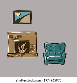 Armchair, sofa, fireplace, painting on the wall. Part of a set of furniture and interior accessories. 