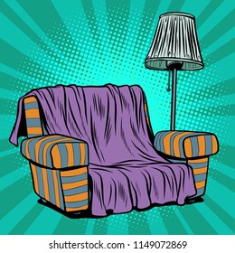 Armchair sofa with floor lamp. Pop art retro vector illustration kitsch vintage