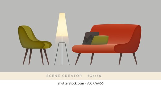 Sillón, sofá, lámpara. Objetos vectoriales aislados. Conjunto de creadores de escenas.