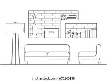 Armchair, sofa, lamp and other elements. Interior in Scandinavian style. Vector illustration in a linear style.