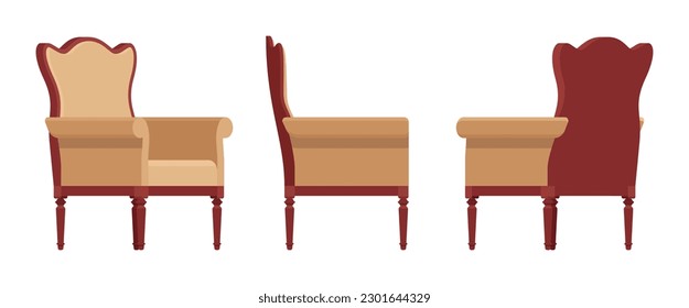 Armchair, soft wing chair, wingback furniture set in natural brown. Tea meeting, living room, bar, cafe, hotel decent decoration. Vector flat style cartoon home, office isolated, white background