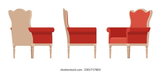 Armchair, soft wing chair, wingback furniture set in natural brown, red. Tea meeting, living room, bar, cafe, hotel decent decoration. Vector flat style cartoon home, office isolated, white background