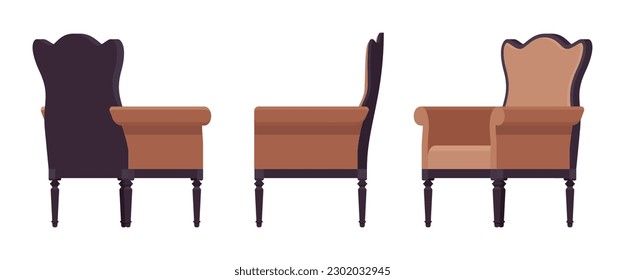 Armchair, soft wing chair, wingback furniture set, natural brown, black. Tea meeting, living room, bar, cafe, hotel decent decoration. Vector flat style cartoon home, office isolated, white background